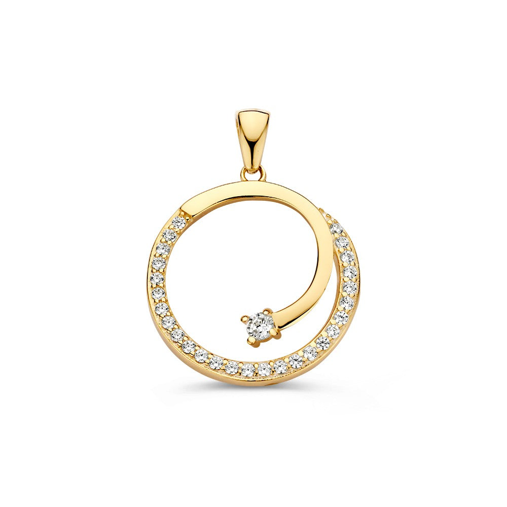 Pendentif en or jaune avec zircons, forme ronde et finition brillante.