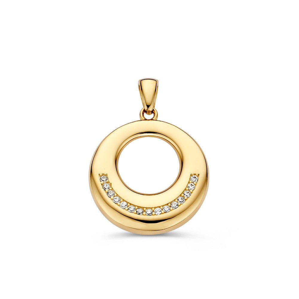 Pendentif rond en or jaune avec zircons, finition lisse et brillante.
