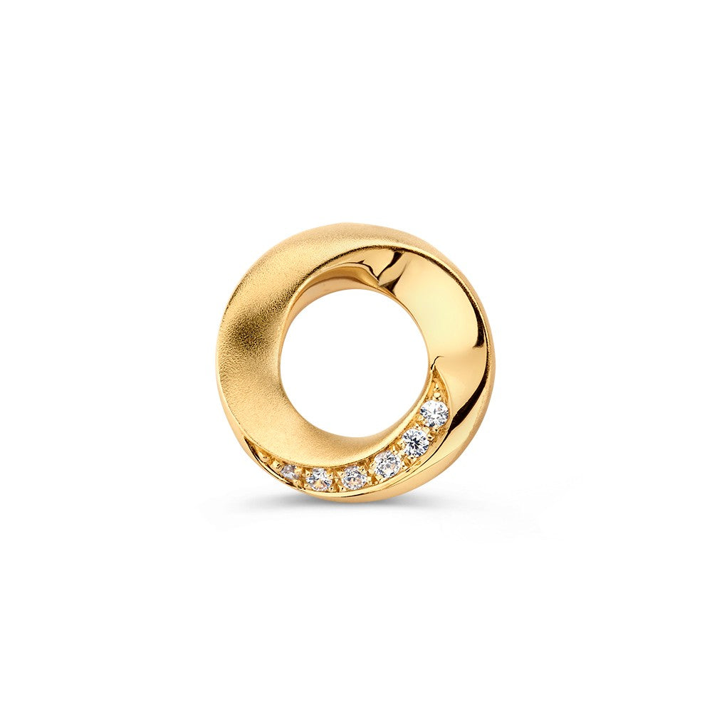Pendentif en or jaune avec bande torsadée et zirconiums, 14 mm de diamètre.