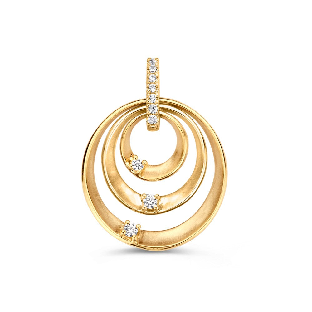 Bicolor hanger van wit- en geelgoud met drie cirkels en zirkonia's, 16 mm groot.