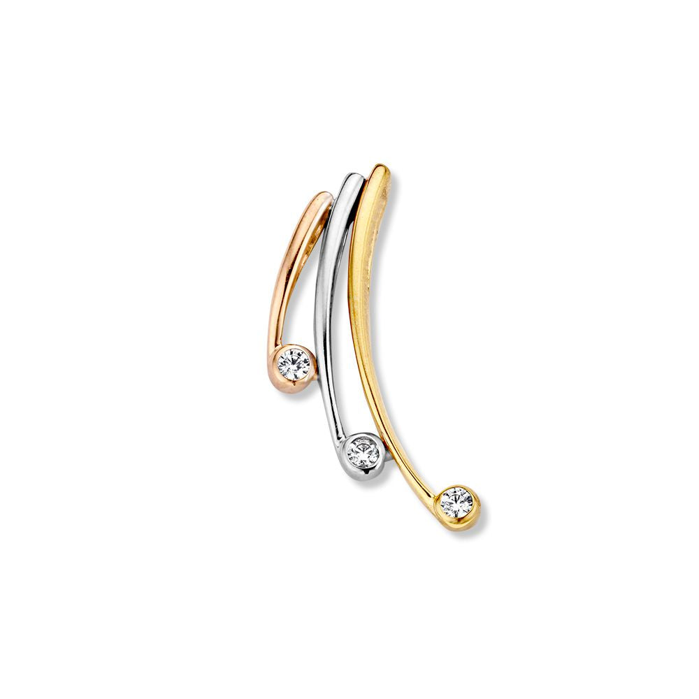 Pendentif tricolore en or 14 carats avec zirconia, design élégant et courbes fluides.