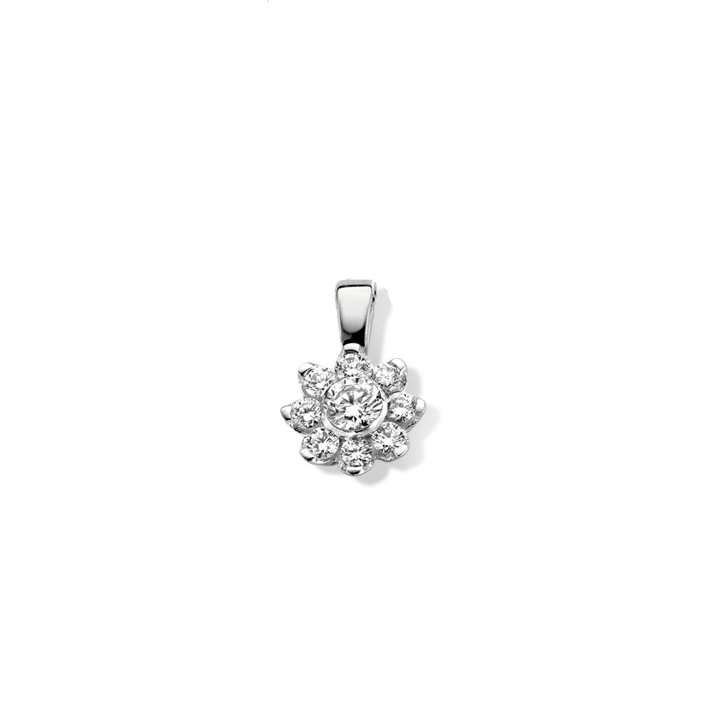 Pendentif en or blanc avec un diamant de 0,21 ct, forme florale et finition brillante.