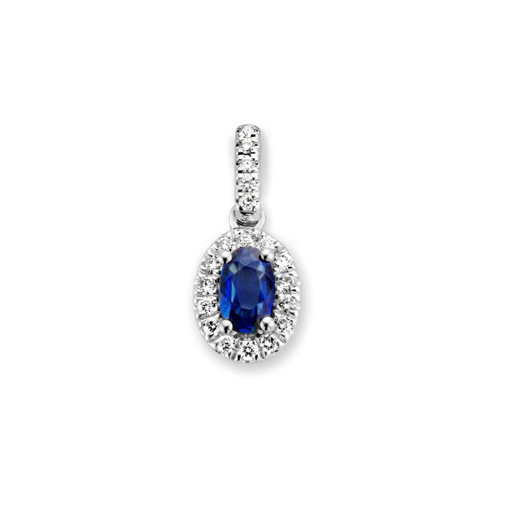 Pendentif en or blanc classique avec saphir bleu et diamants de 0,10 crt, forme ovale.