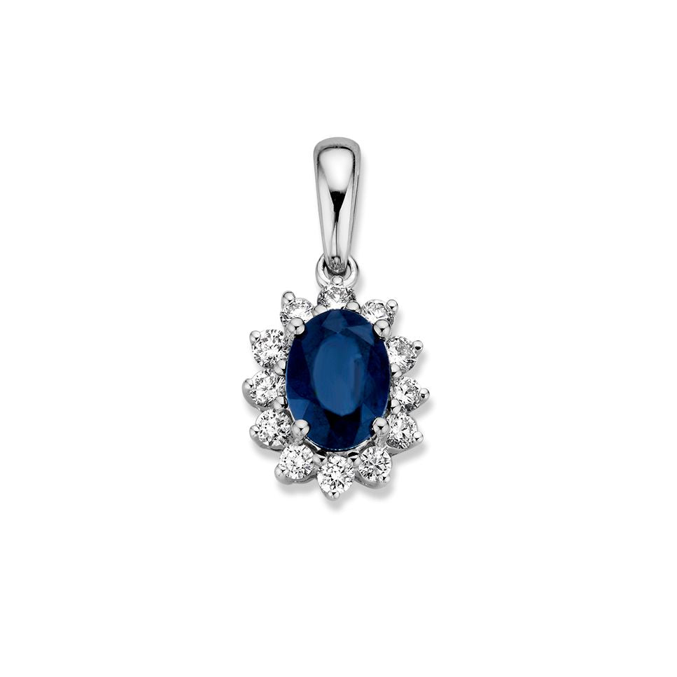 Pendentif en or blanc avec un saphir bleu ovale et des diamants brillants autour.