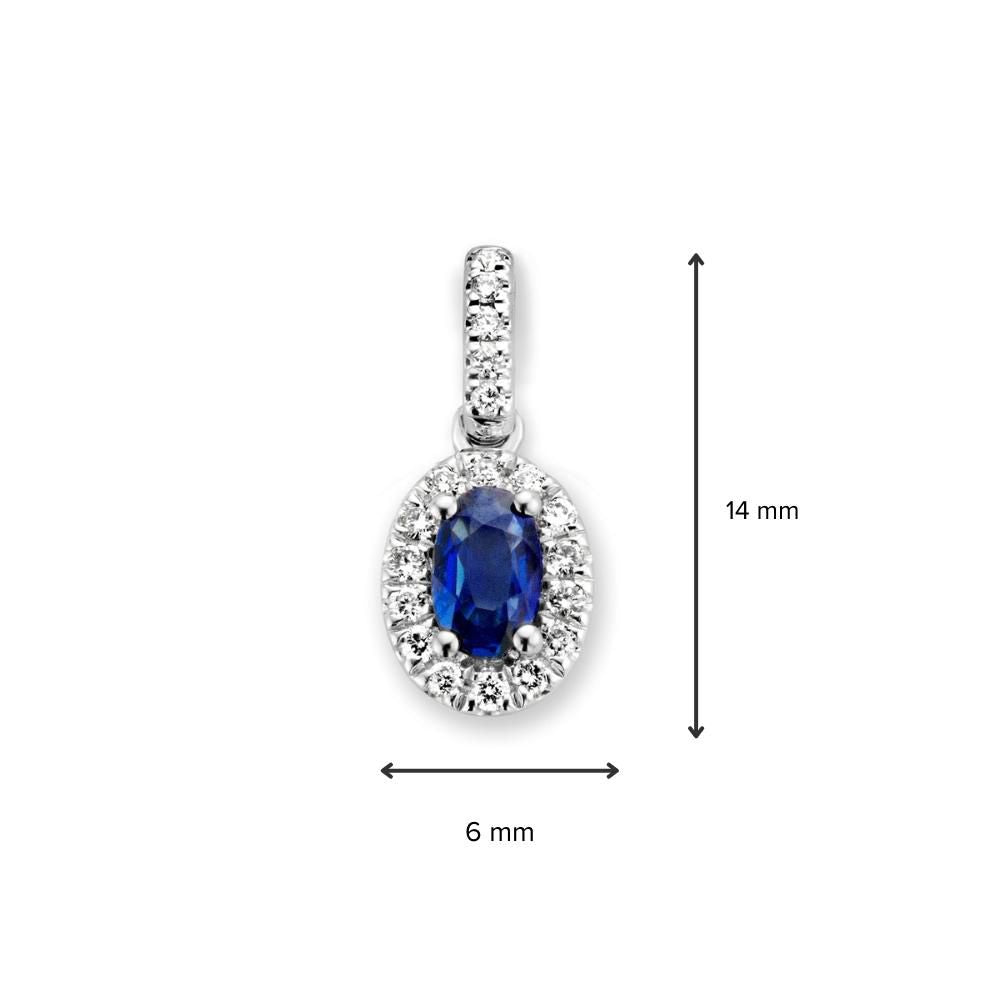 Pendentif classique en or blanc avec saphir bleu et diamant de 0,10 ct – 14 carats, 0,7 gramme