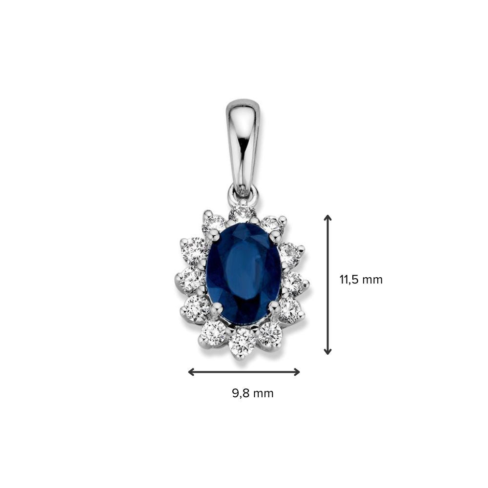 Pendentif en or blanc avec saphir bleu (1,00 crt) et diamant de 0,27 crt – 14 carats, 1,3 grammes