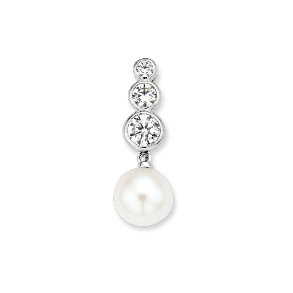 Pendentif en or blanc avec une perle d'eau douce et des zirconiums, mesurant 21 mm.