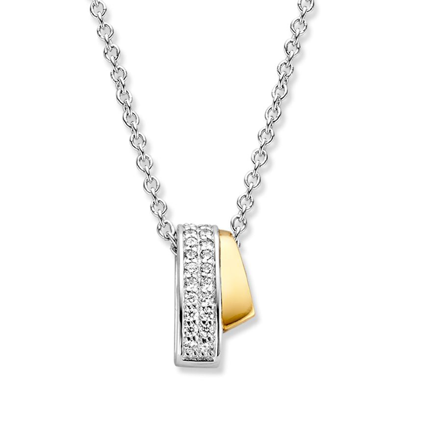 Pendentif argenté et doré avec zirconia blanche, forme rectangulaire, suspendu à une chaîne.