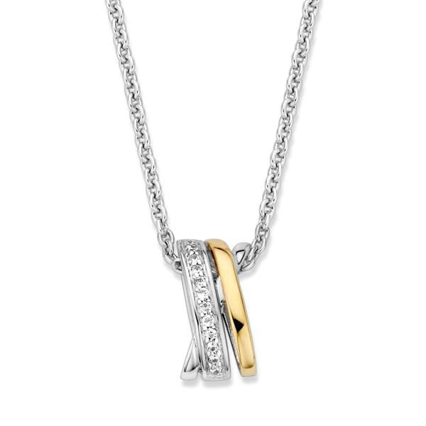 Pendentif en argent et or avec zirconia blanche, forme entrelacée, 15 mm.