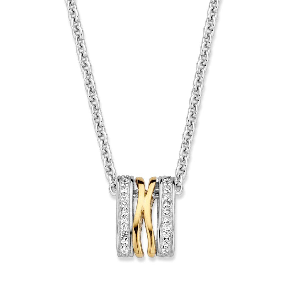 Pendentif argenté et doré avec zirconias blanches, forme entrelacée, 14 mm.