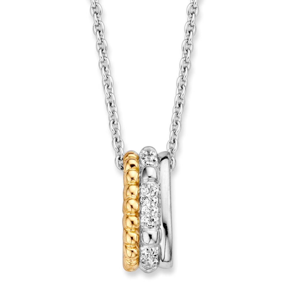 Pendentif argenté et doré avec zirconia blanche, forme ronde, trois anneaux entrelacés.