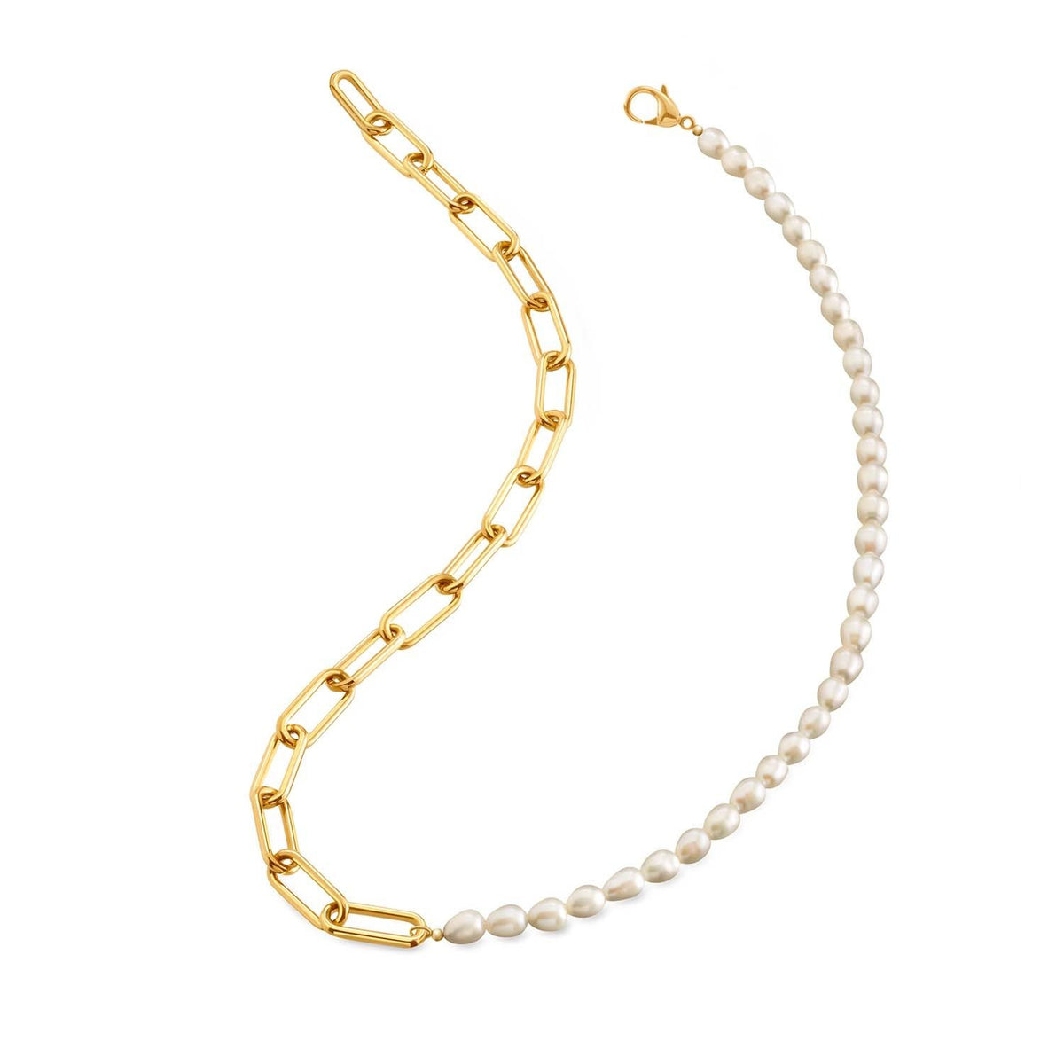 Collier en titane doré avec perles blanches et maillons allongés.