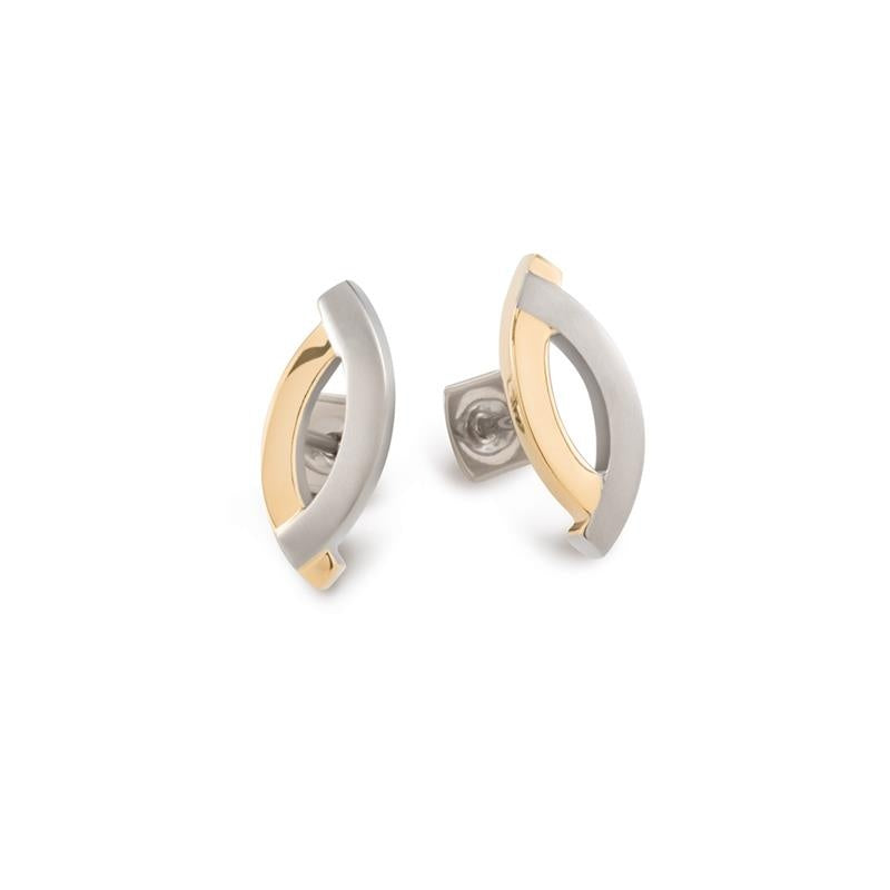Boucles d'oreilles bicolores en titane, avec une finition argentée et dorée, en forme de goutte.