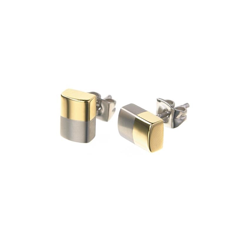 Boucles d'oreilles bicolores en titane, avec une finition argentée et dorée, forme rectangulaire.