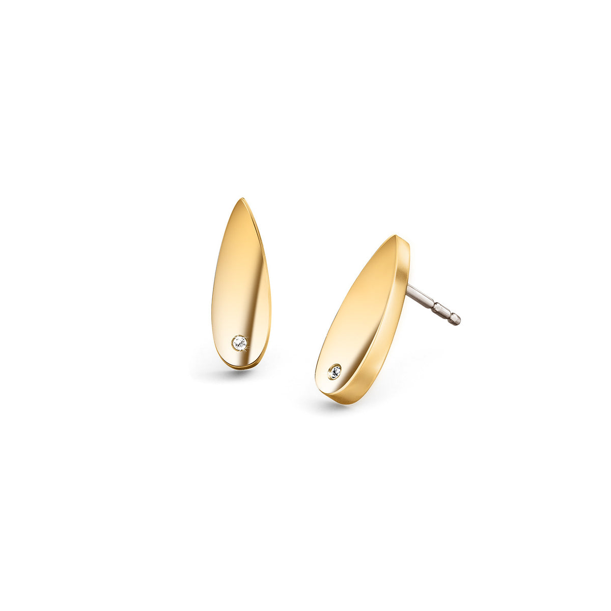 Boucles d'oreilles en titane doré en forme de goutte avec un petit diamant.