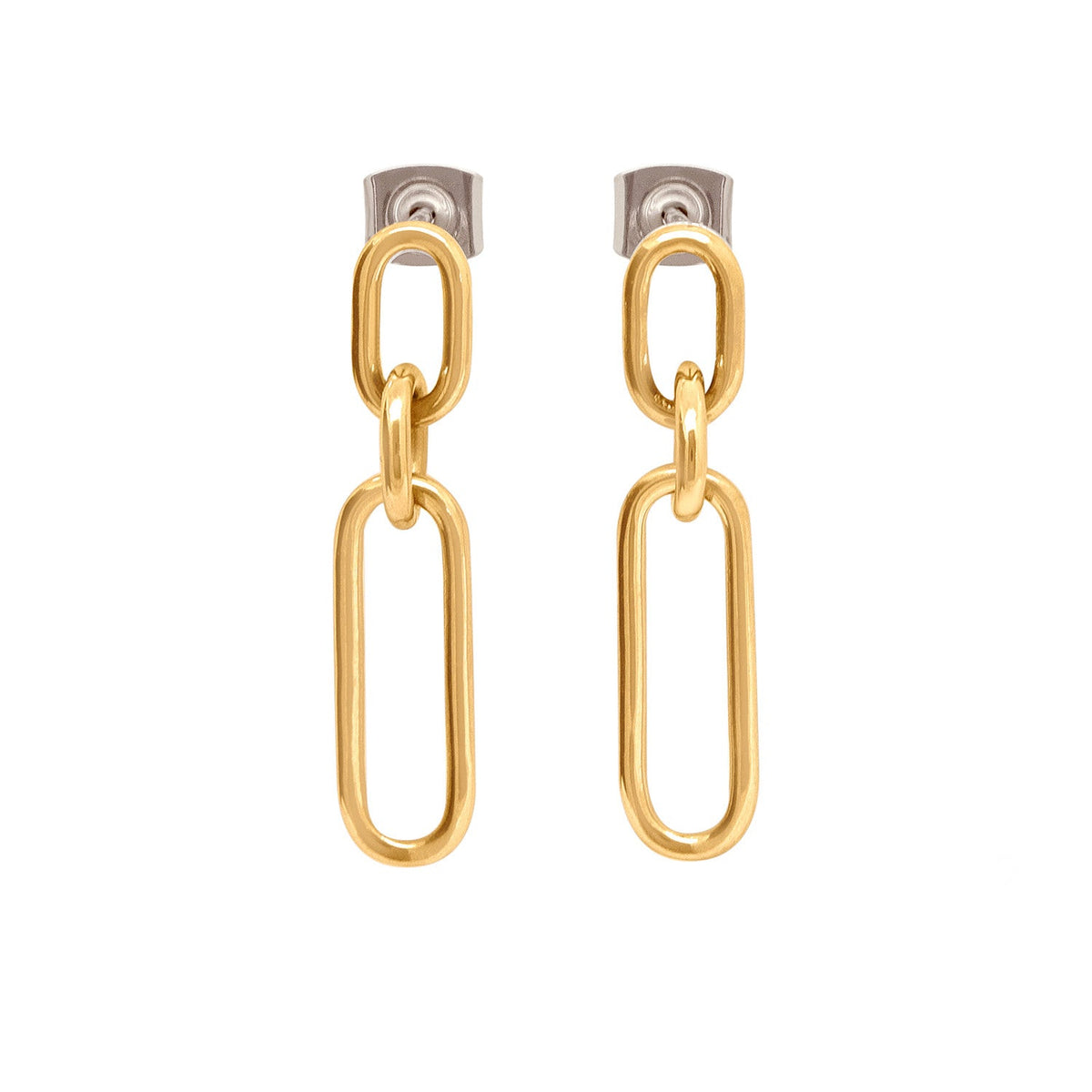 Boucles d'oreilles en titane doré, avec des maillons ovales et rectangulaires.