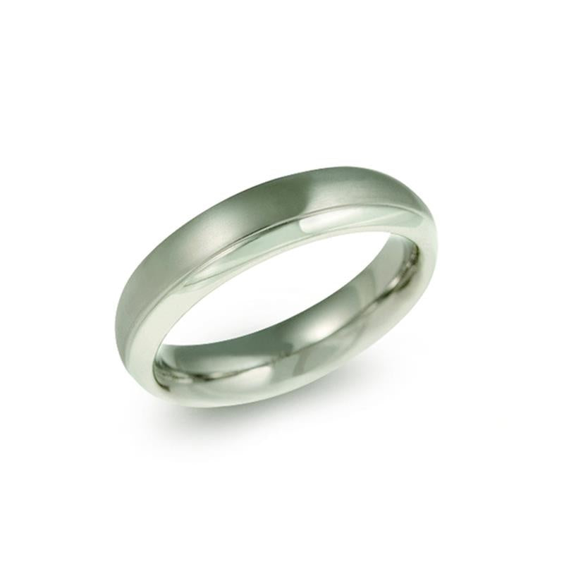 Bague en titane avec une finition lisse et brillante, de forme ronde.