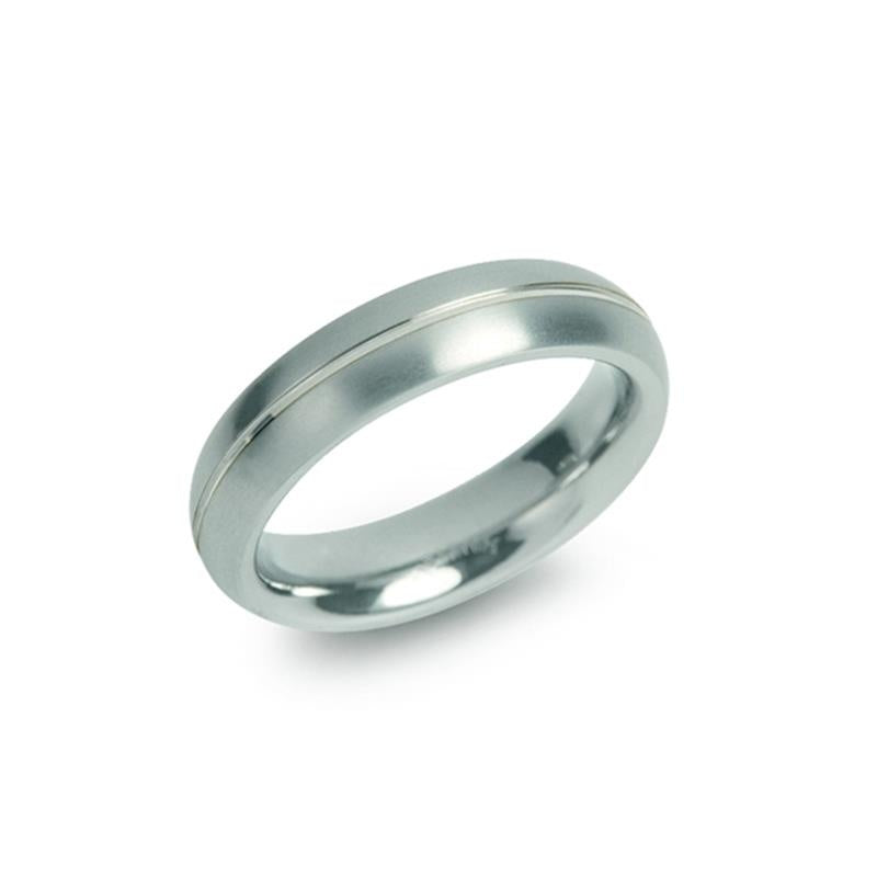 Bague en titane avec une finition polie et une ligne dorée au centre.