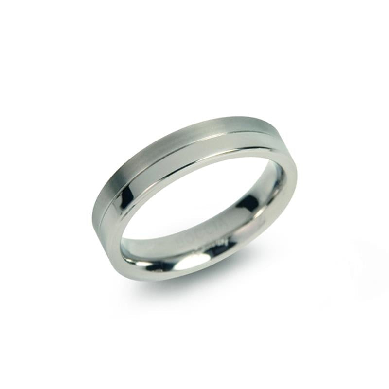 Bague en titane brillante avec une finition lisse et une bande centrale.