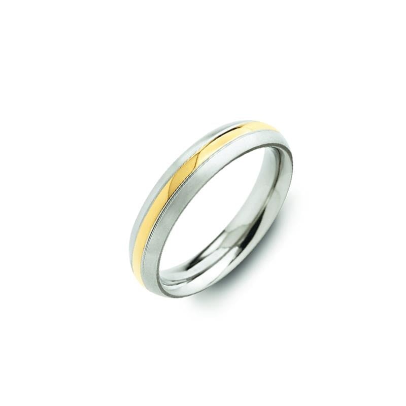 Bague en titane bicolore avec une bande dorée et une finition polie.