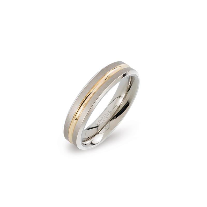 Bague en titane bicolore avec une finition brillante, présentant une bande dorée au centre.