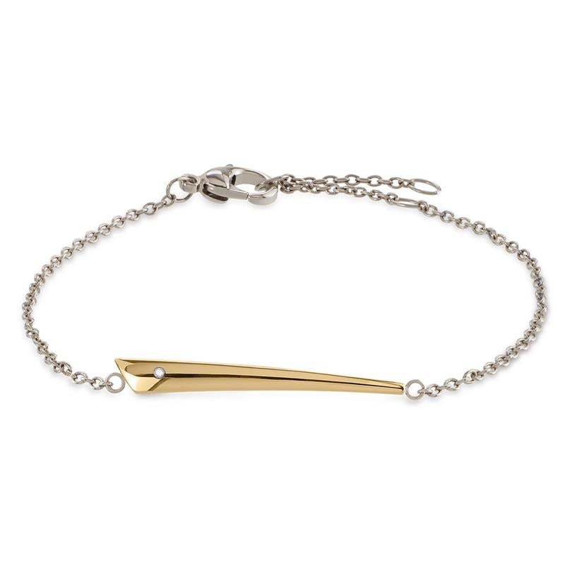 Bracelet en titane bicolore avec un motif allongé en or et une chaîne argentée.