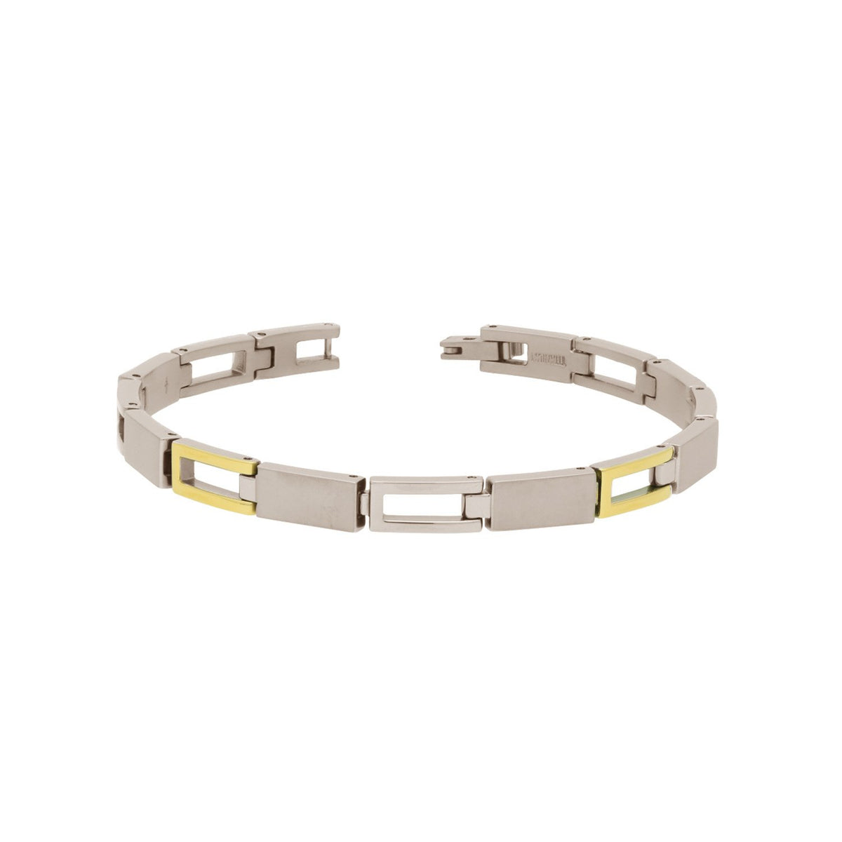 Bracelet en titane bicolore avec des maillons en argent et des accents dorés.