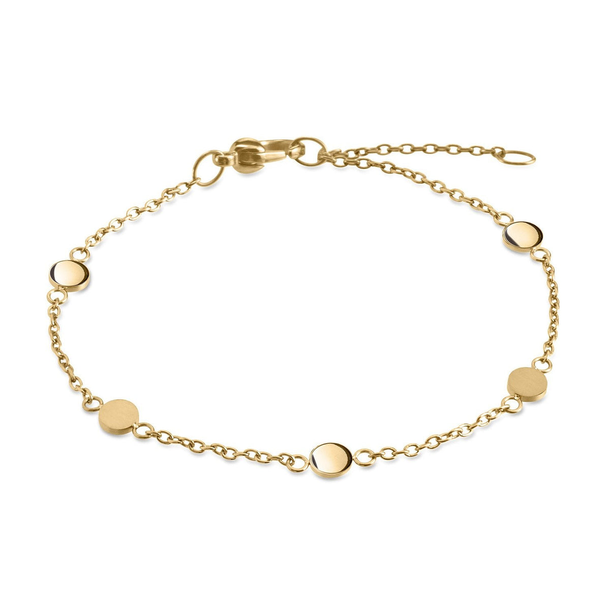 Bracelet en titane doré avec des disques ronds et une chaîne délicate.