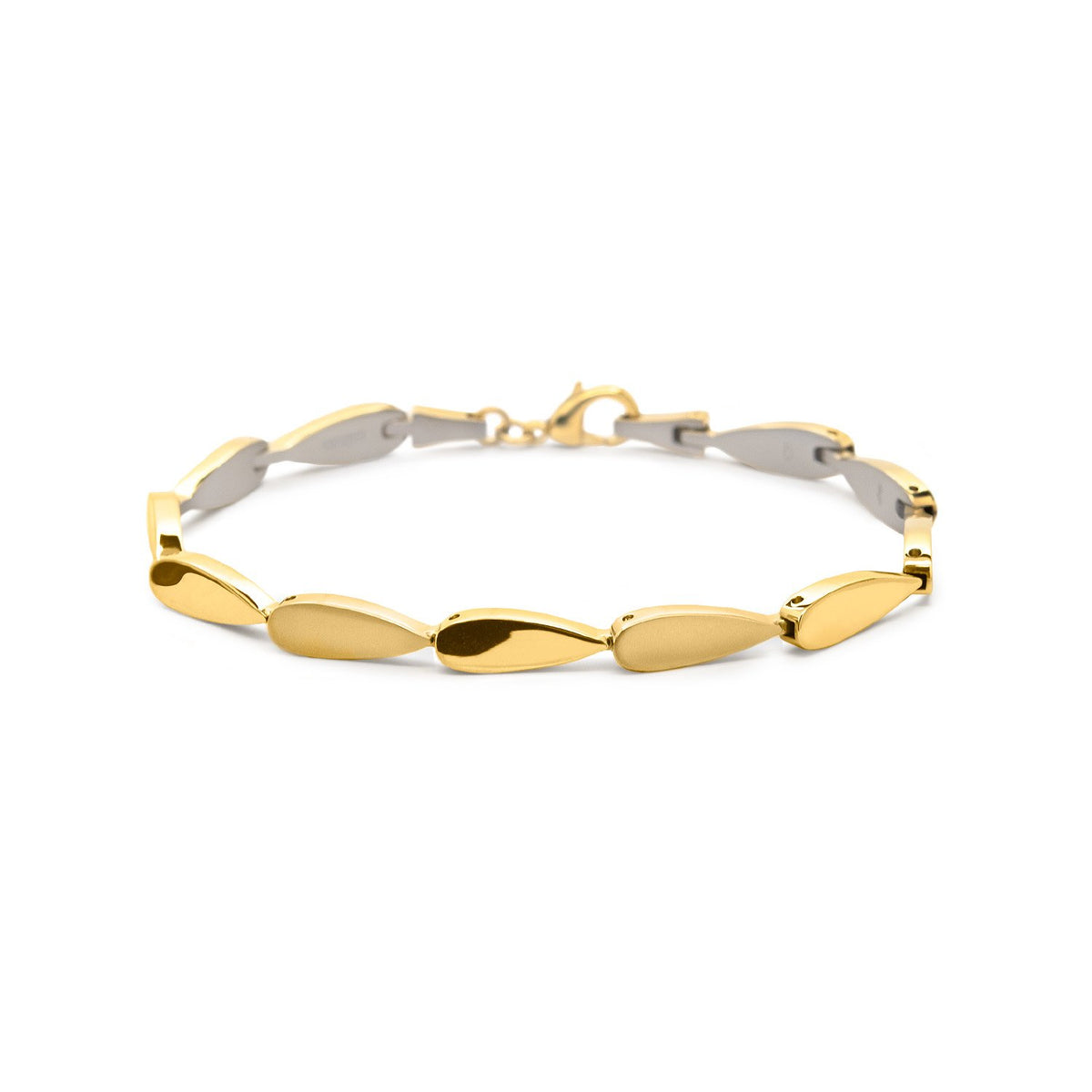 Bracelet en titane avec des maillons dorés et argentés, finition brillante.
