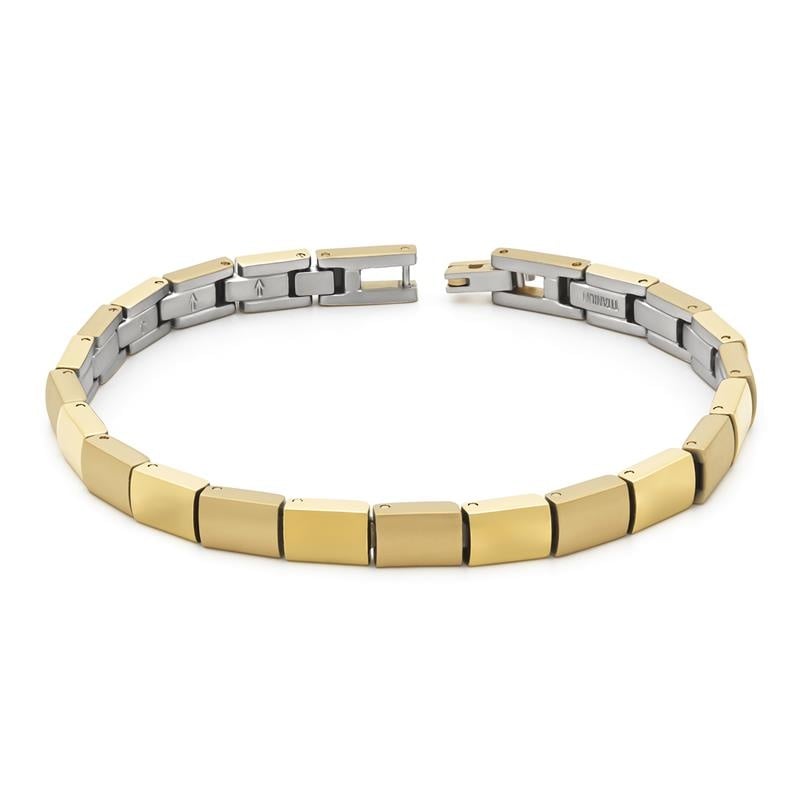 Bracelet en titane doré et argenté avec des maillons rectangulaires.