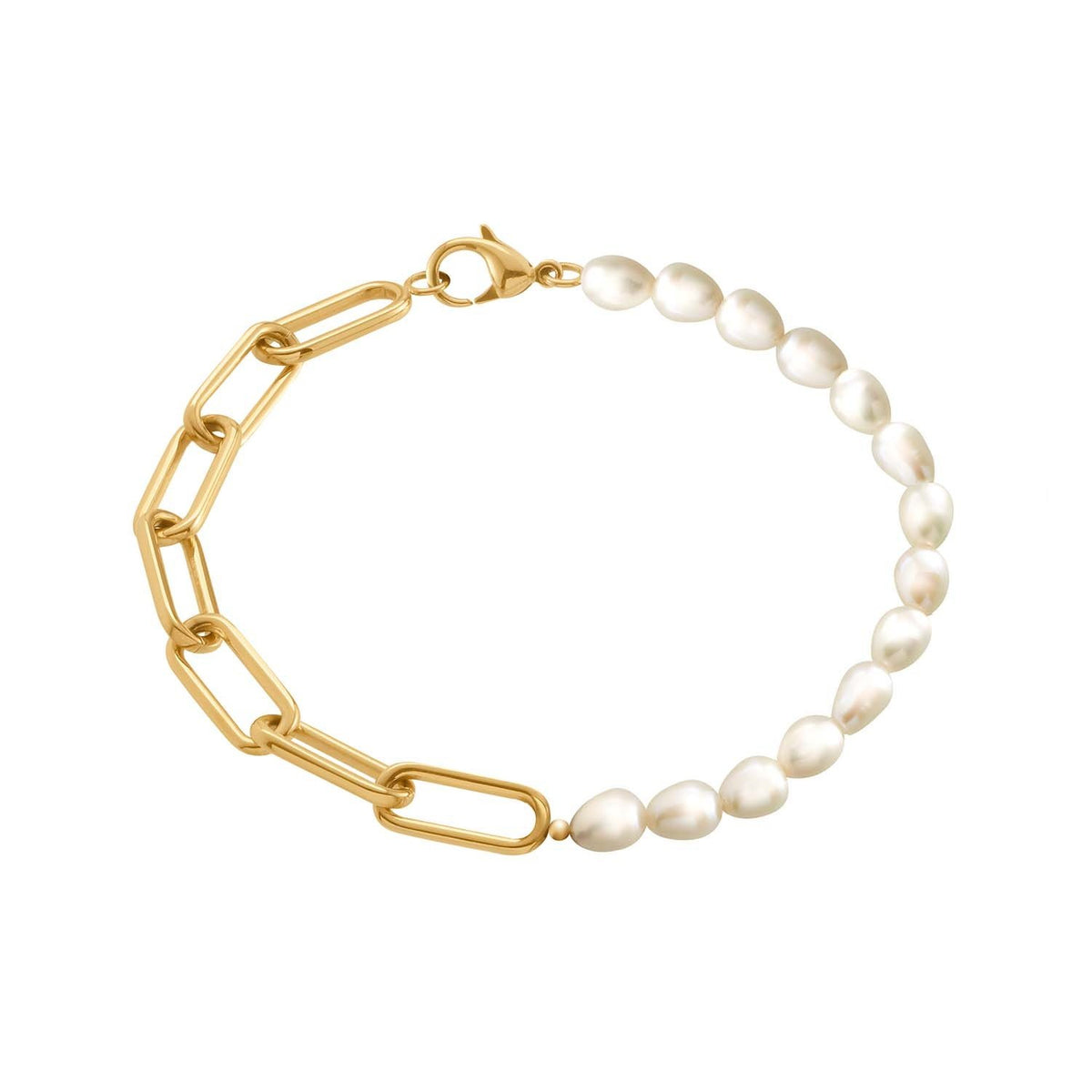 Bracelet en titane doré avec perles blanches en forme de goutte.