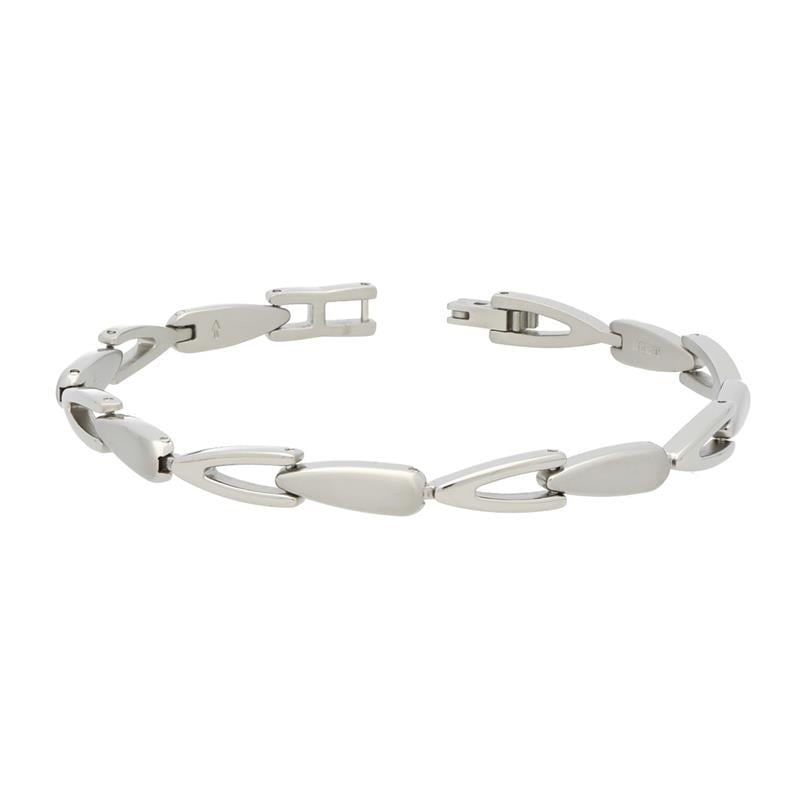 Bracelet en titane argenté avec maillons ovales et fermoir sécurisé.