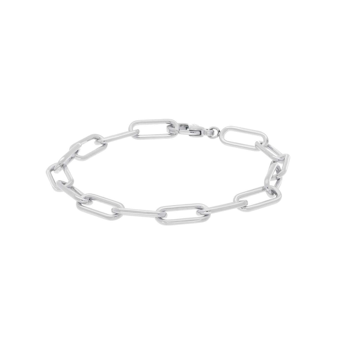 Bracelet en titane argenté avec maillons allongés et fermoir sécurisé.