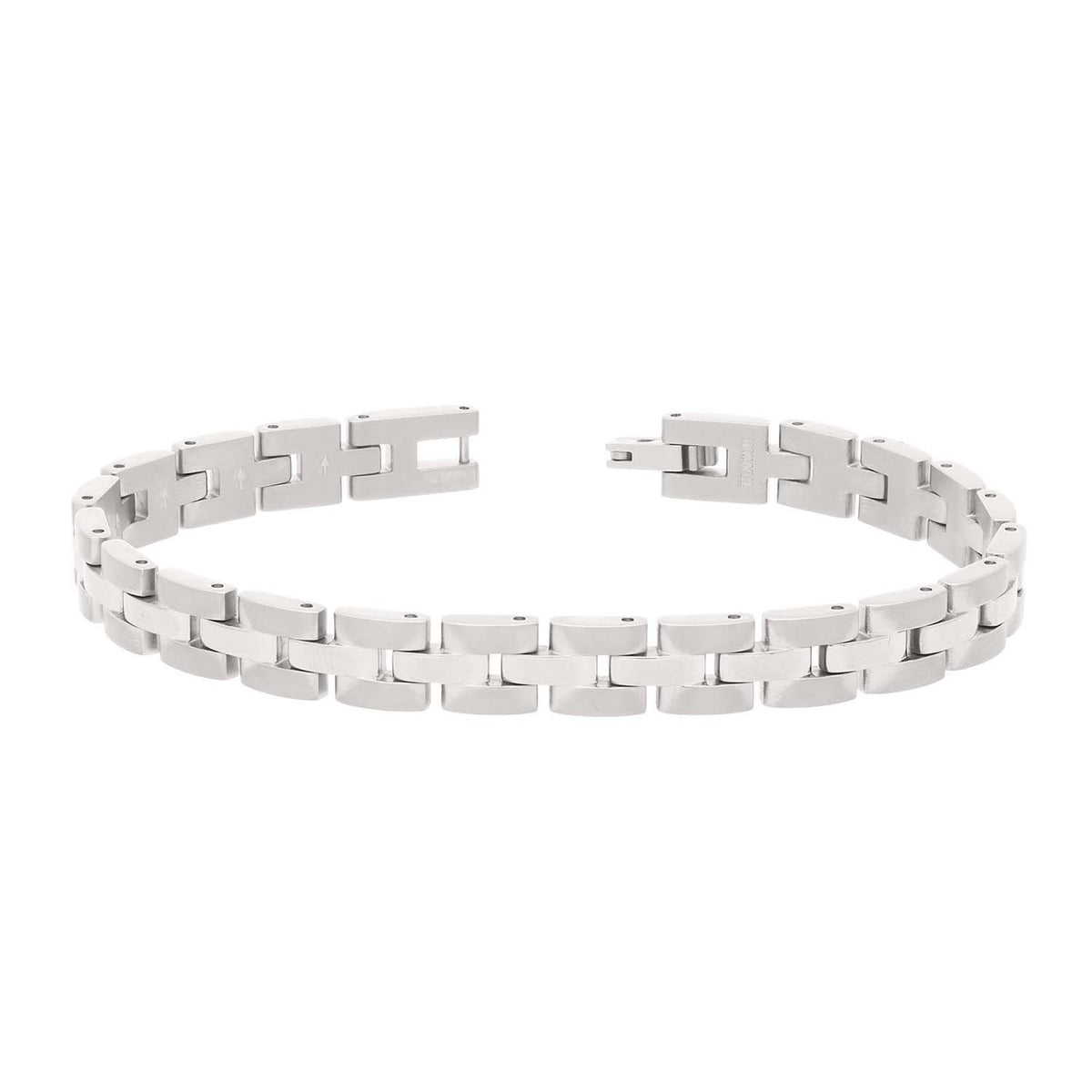 Bracelet en titane argenté avec maillons rectangulaires et fermoir discret.