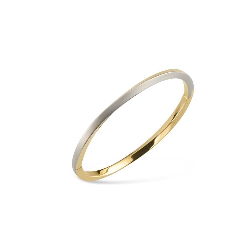 Bracelet jonc bicolore en titane avec une finition brillante, combinant des teintes argentées et dorées.