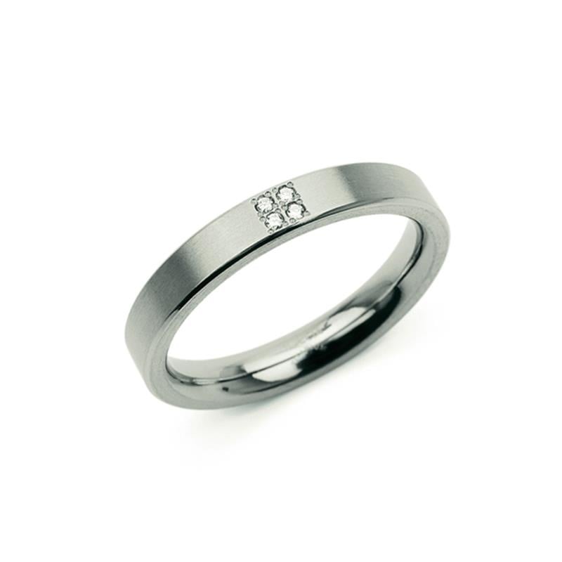 Bague en titane avec un motif de quatre petites pierres brillantes.