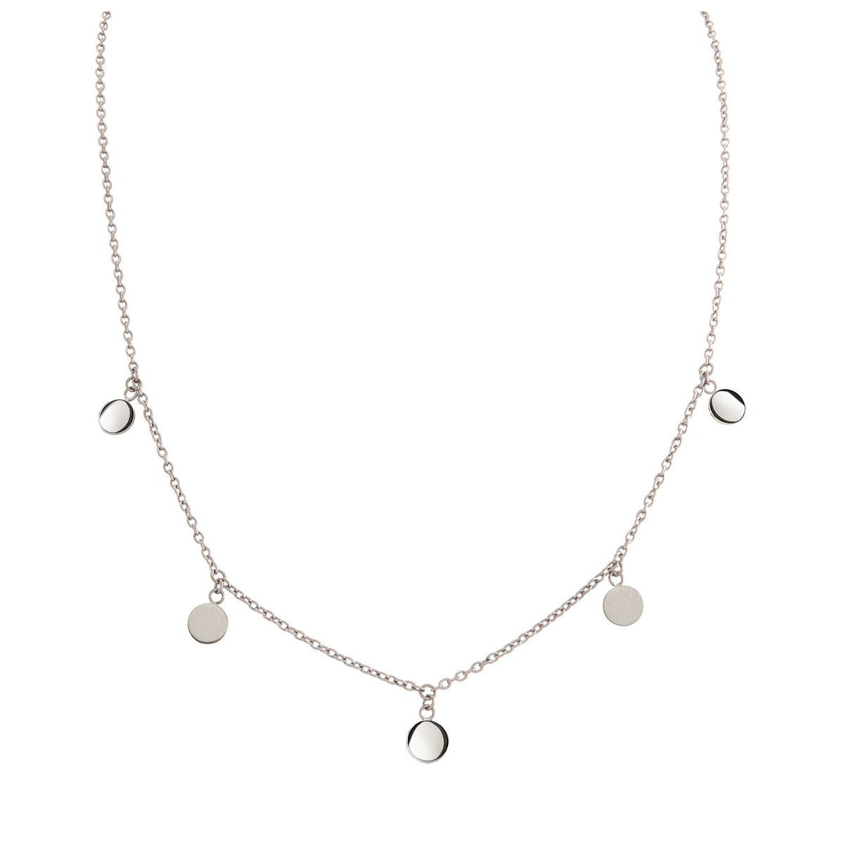 Collier en titane argenté avec pendentifs ronds et brillants.