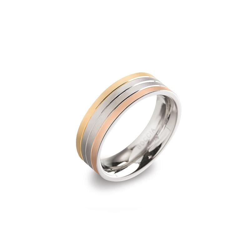 Bague en titane tricolore avec des bandes argentées, dorées et rose.