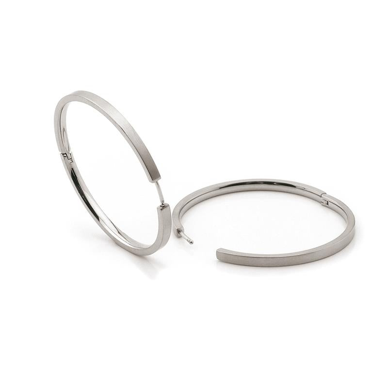 Boucles d'oreilles en titane argenté, de forme ronde et lisse, avec une finition brillante.
