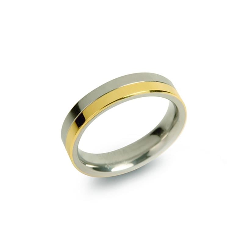 Bague en titane bicolore avec une finition brillante, présentant une bande argentée et une bande dorée.