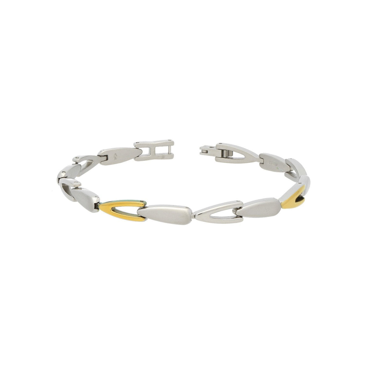 Bracelet en titane argenté avec des maillons ovales et une touche dorée.