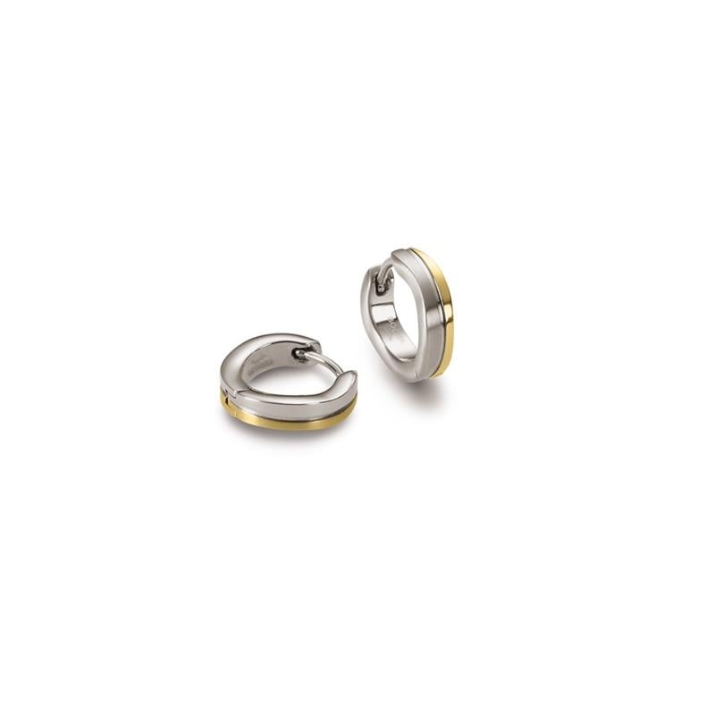 Boucles d'oreilles bicolores en titane avec une finition argentée et dorée.