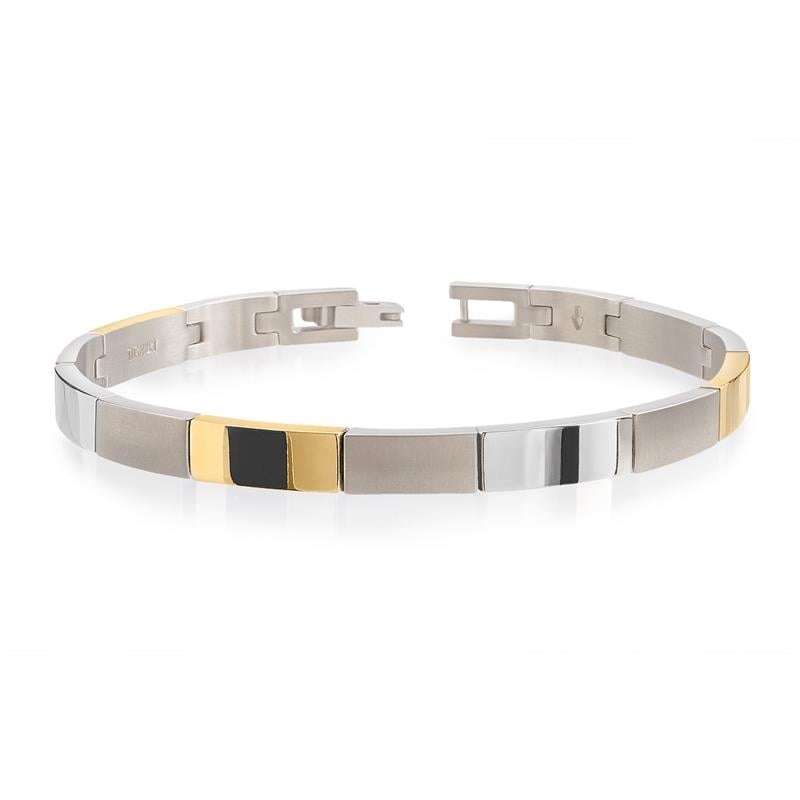 Bracelet bicolore en titane avec des maillons argentés et dorés.