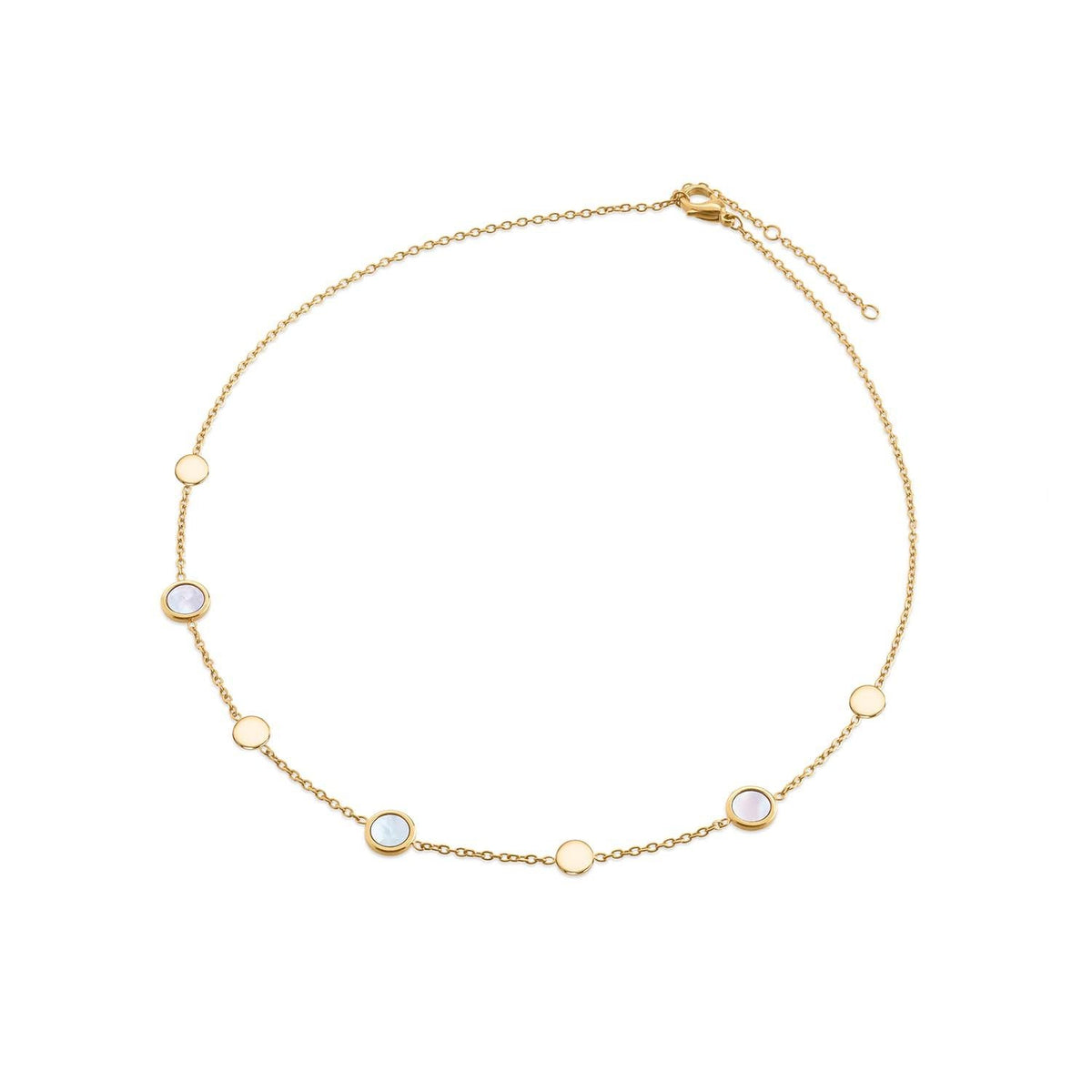 Collier en titane doré avec des pierres opalescentes, composé de maillons ronds et ovales.