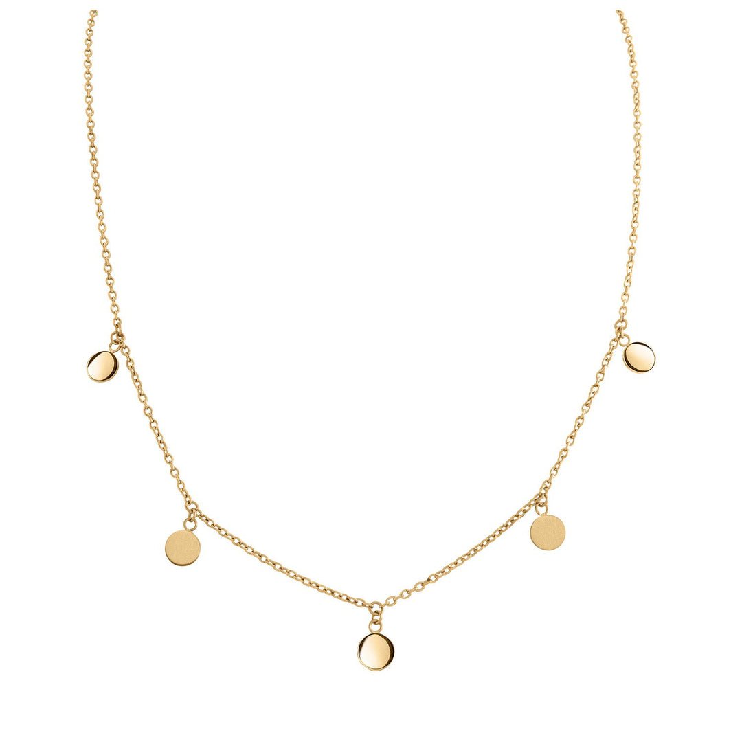 De Boccia Titanium Collier gp 08064-02 van Boccia is een delicaat goudkleurig collier met vijf gelijkmatig verdeelde kleine ronde schijfjes die een minimalistische en moderne elegantie uitstralen.