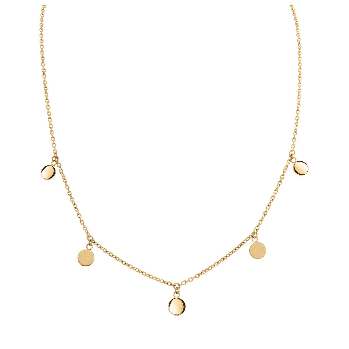 Collier en titane doré avec quatre pendentifs ronds suspendus.