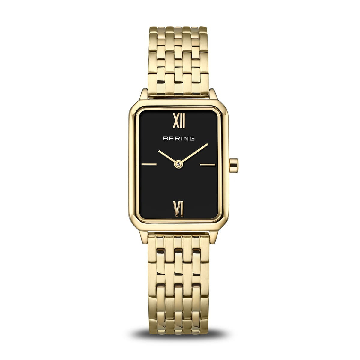 Montre femme Bering avec cadran noir et boîtier doré, bracelet en maillons.