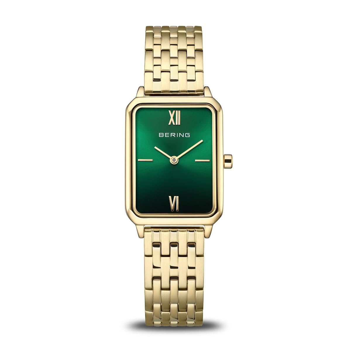 Montre dorée avec cadran vert, boîtier rectangulaire et bracelet à maillons.