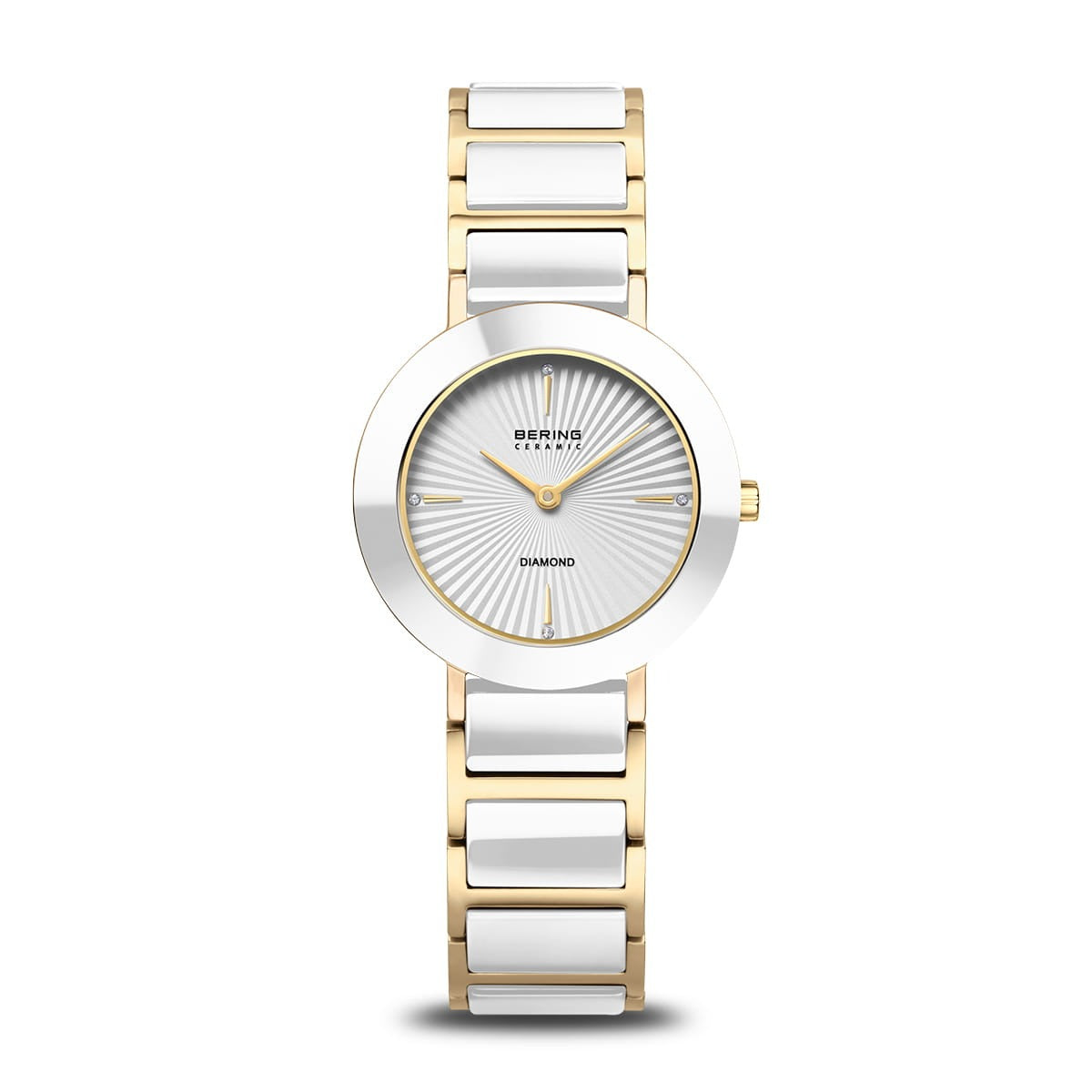 Montre avec un cadran blanc, boîtier argenté et bracelet en acier doré et blanc.