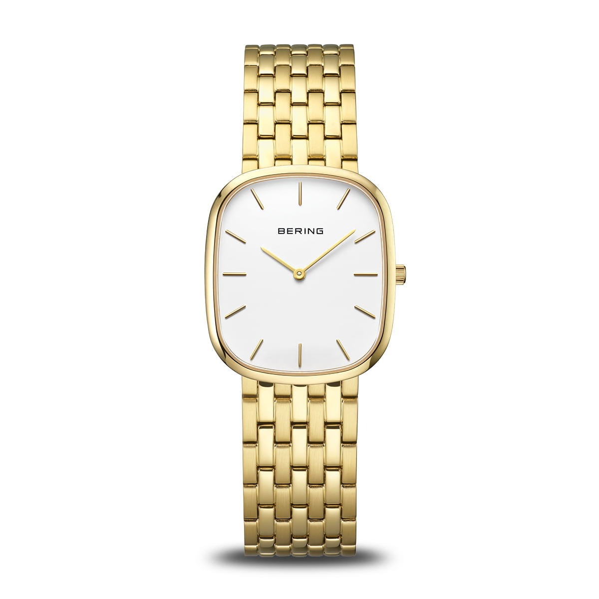 Montre femme avec cadran blanc, boîtier doré et bracelet en maillons dorés.